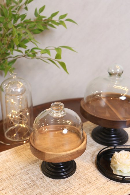 مضيفة كعك برجل مع غطا زجاج