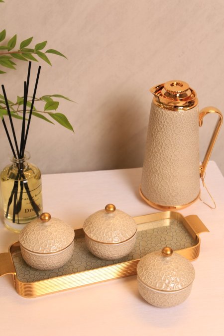 طقم 3 صحون مكسرات بورسلان  مع صينية زجاج