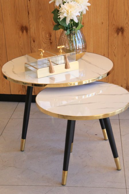 طاولا خشب ماربل ابيض قطعتين